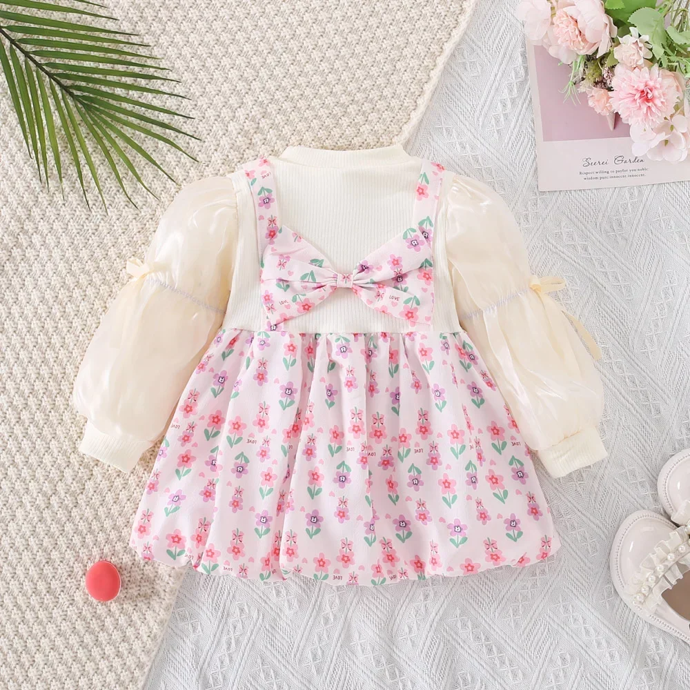 (0-3 Years Old Girls) Autumn/Winter New Girls\' Dress A-line Dress Fake Two Splicing Suspenders Bubble Long Sleeve Round Neck