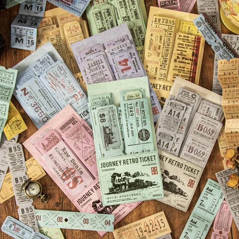 Paquete de pegatinas ferrocarril antiguas de 50 piezas, billetes de viaje, serie 8, estilos de billetes vintage para diarios temáticos