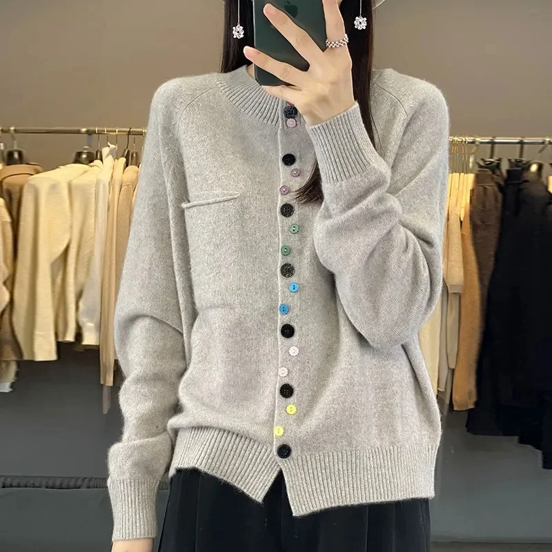 Cashmere Sweater Cardigan Women Single Breasted Long Sleeve Elegant Vintage Jumper Solid Wool Knitted Autumn Winter Outwear 2024