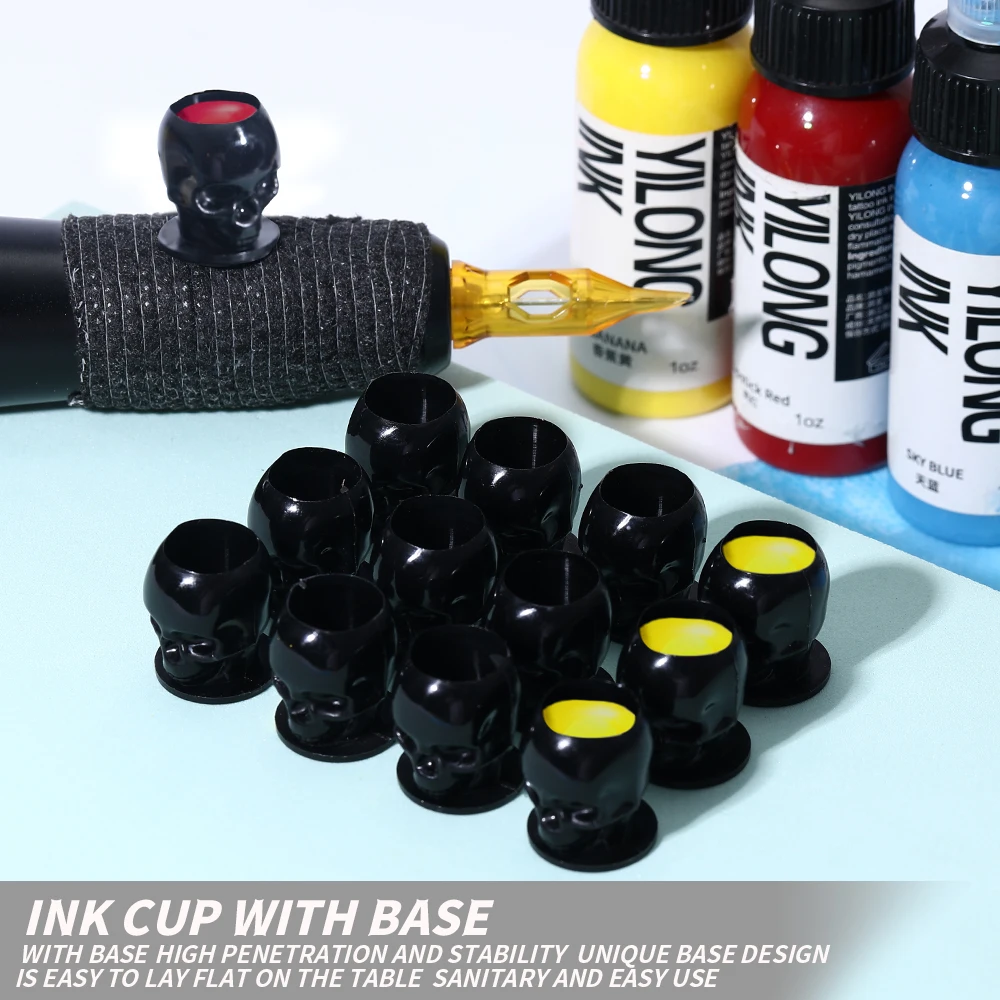 

200 шт. одноразовые чашки с чернилами для татуировки и черепа с базой, чашка для окраски, держатель для пигмента для перманентного макияжа, контейнер, крышка, аксессуар для татуировки