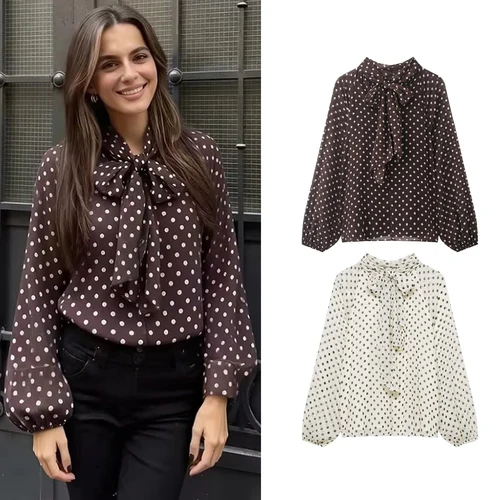 Imagen 1 del producto Blusa de Mujer con Estampado de Lunares, Camisa de Moda Primavera Otoño, Manga Larga, Lazo, Blusa con Cordones, Blusa Elegante para Mujer, Blusas de Alta Costura