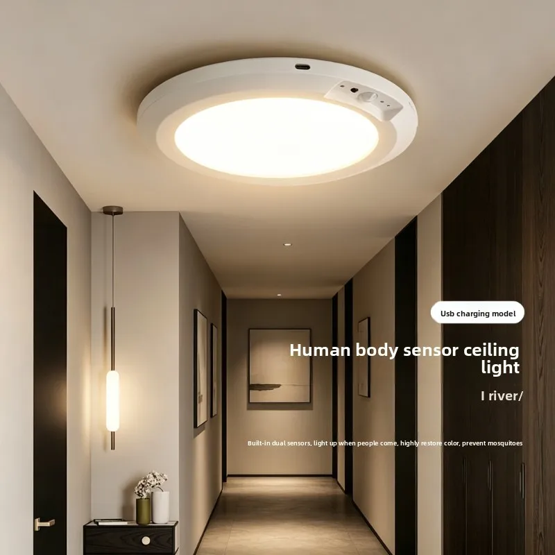 Wireless Rechargeable Round LED Ceiling Light Motion Sensor Auto Induction Lamp for Kitchen Bathroom Hallway Bedroom