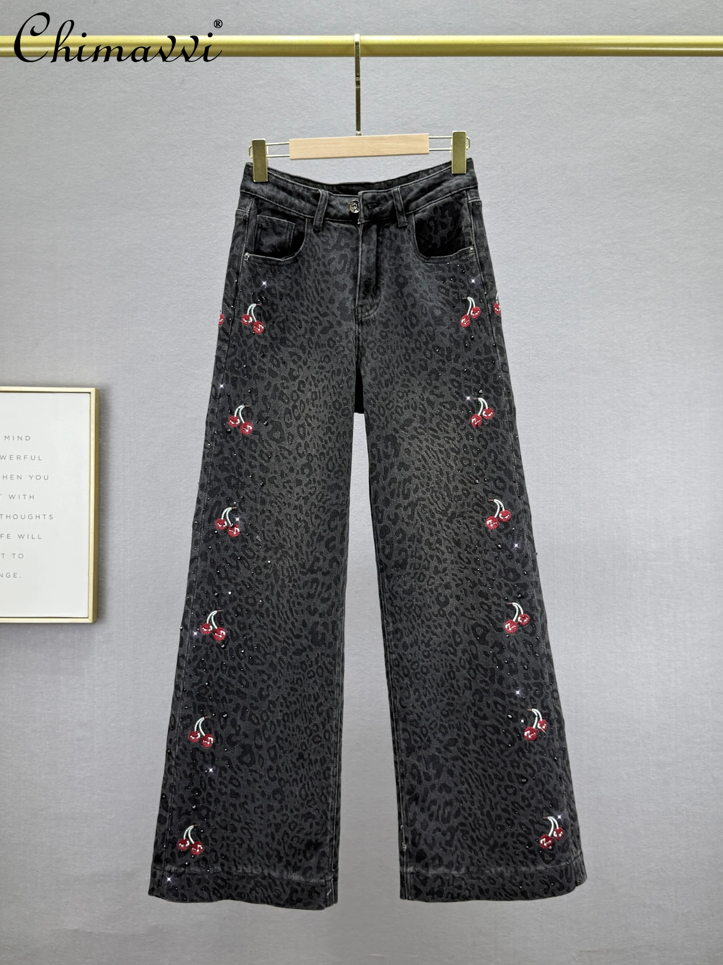 

Тяжелые джинсовые широкие брюки со стразами для женщин, осень 2023, новая мода, свободные утягивающие брюки с высокой талией и леопардовым принтом, удлиненные брюки