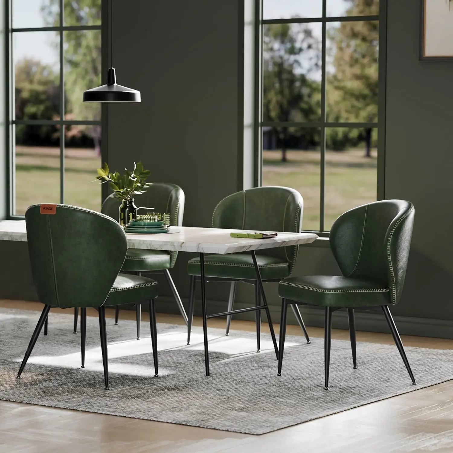 

Collection - Dining Chairs Set of 4 Upholstered Kitchen Chairs Comfortable Seat Synthetic Leather Forest Green