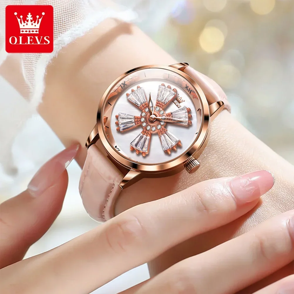 OLEVS Quartz Watch for Women In Rotation Flowers Dial Leather Strap Waterproof Fashion Elegant Women\'s Wristwatches Reloj Mujer