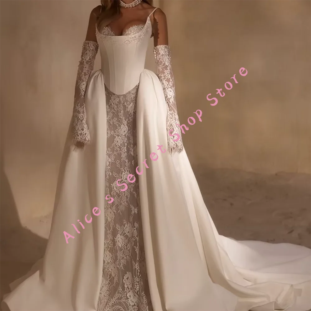 

Elegant Satin Lace Sweetheart Sheath Bride Wedding Dresses Bridal Gowns Customized