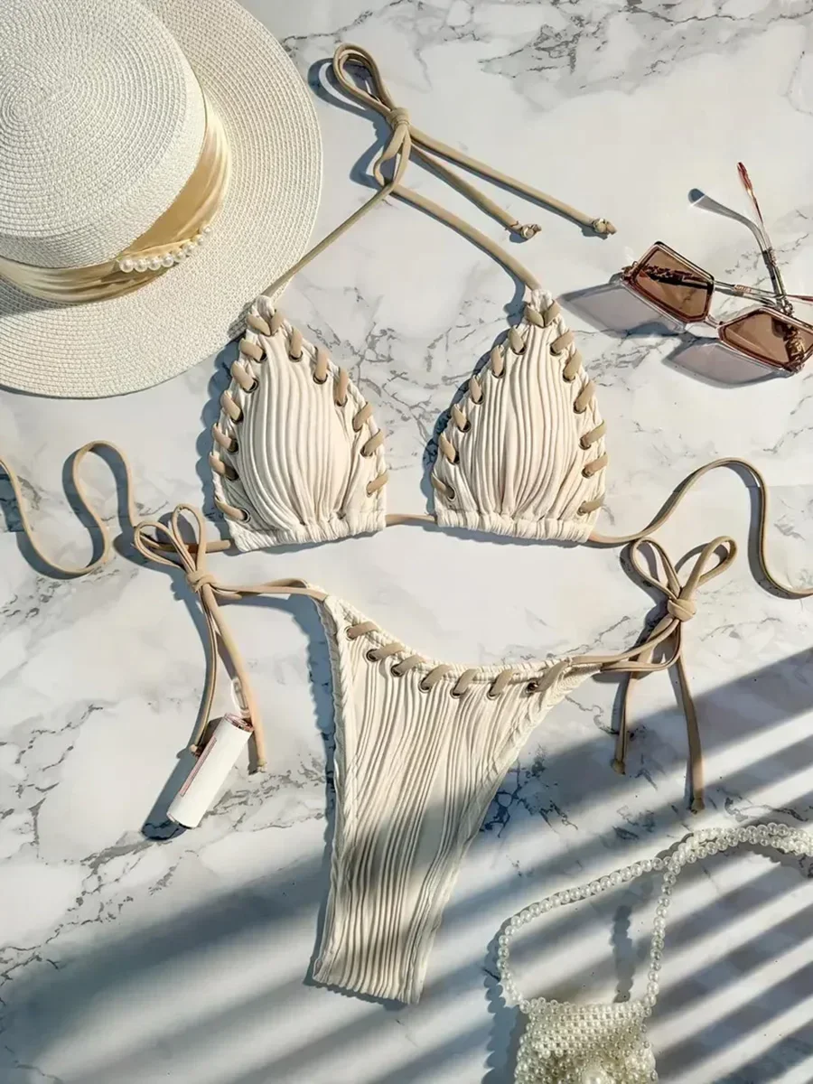 

2024 Halter Wrinkled Weave Bikini Women Swimwear Female Swimsuit Two Pieces Bikini Set Brazilian Bathing Suit Swim Beach Wear
