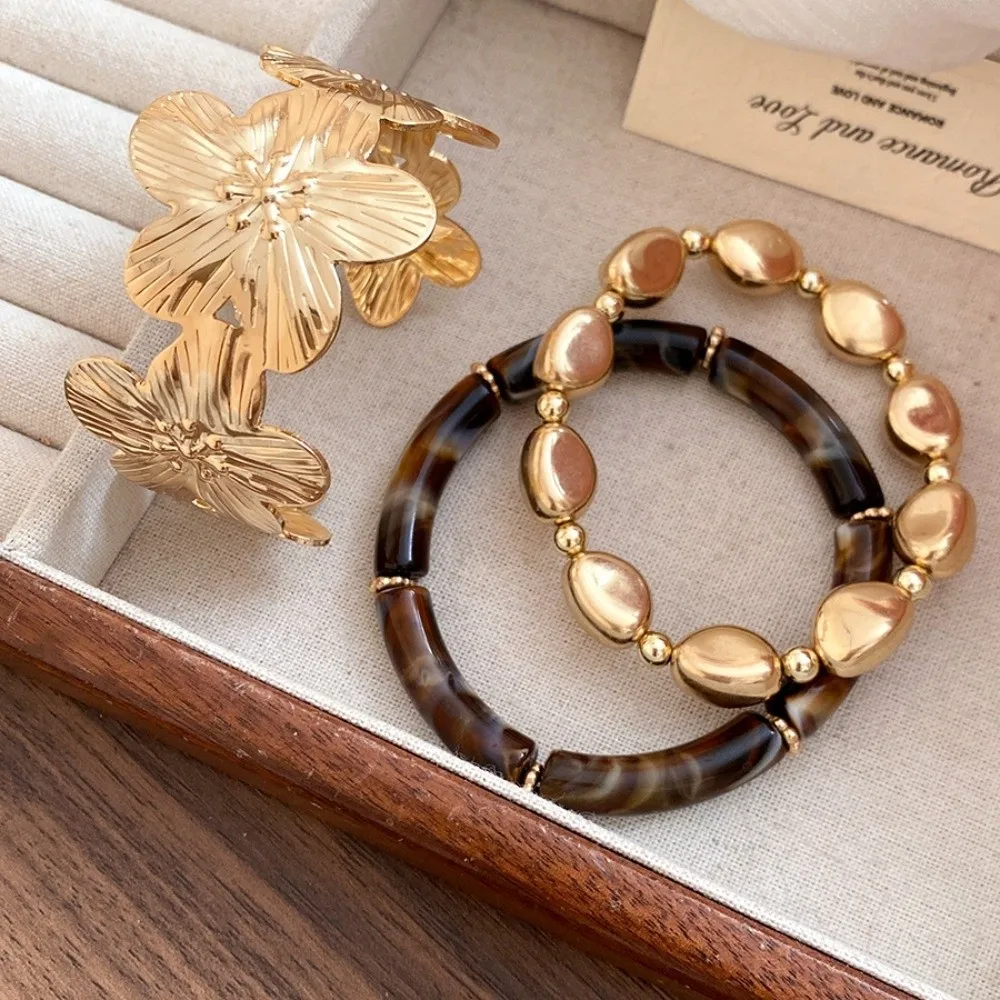 3Pcs/Set New Bohemian Big Flower Bangle Set Punk Thickened Irregular Cuff Bracelet Gold Bamboo Tube Cuff Bracelets Set Women