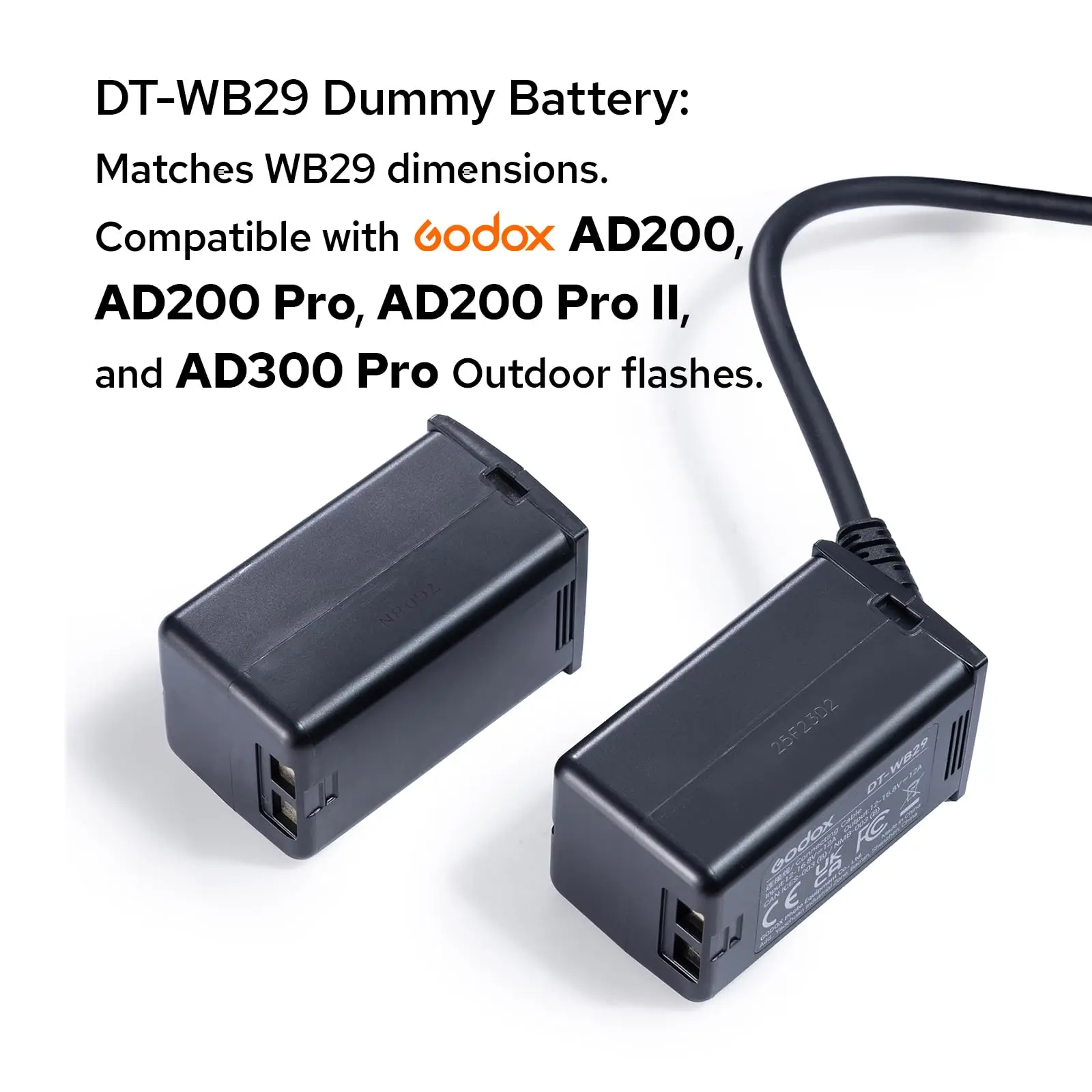 Kabel zasilający atrapą baterii Godox DT-WB29, zaprojektowany do uchwytu baterii BG02 i lamp błyskowych serii AD (AD200/AD200Pro/AD200Pro II/AD300Pro) — zdjęcie produktu 3