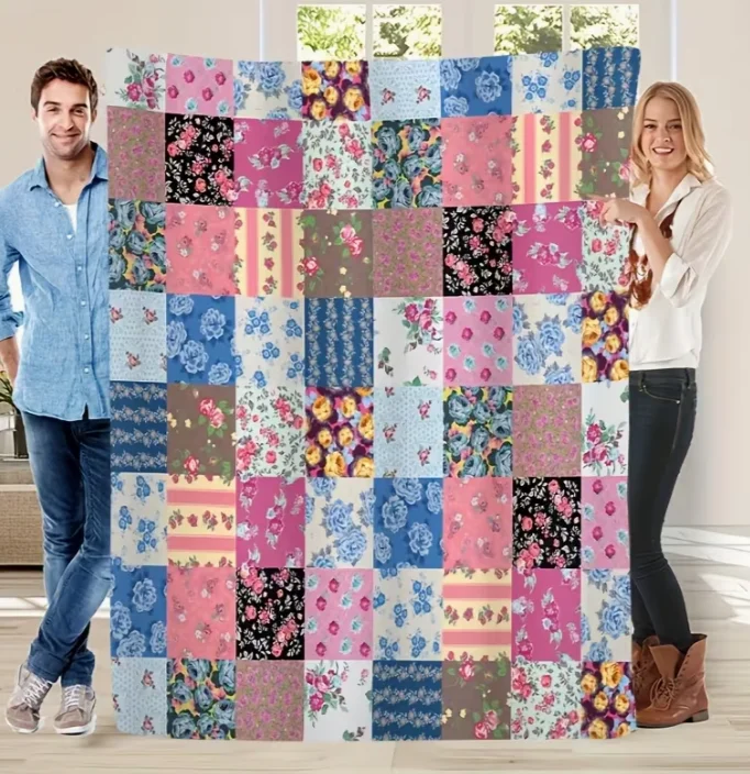 A Floral Splicing Blanket, Soft Warm Flannel, Multi-color, Digital Printing, All-season Suitable for Sofa, Bed Camping, Travel