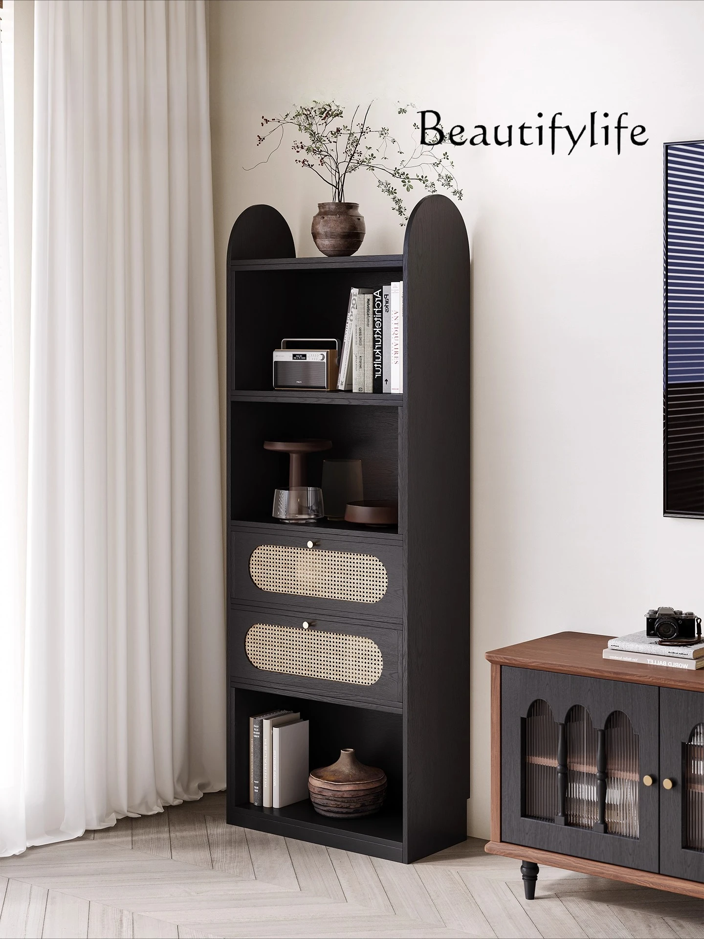 Medieval multi-layer bookshelf, living room corner bookcase, locker, integrated rotatable and retractable rattan rack against th