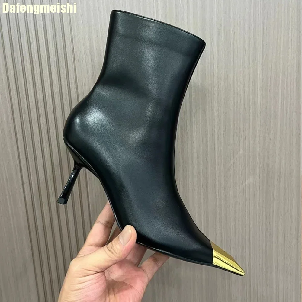 

Metal Square Toe Short Boots for Women 2025 New Autumn Winter Plus Velvet Genuine Leather Sexy High Heels Stiletto Knight Boots