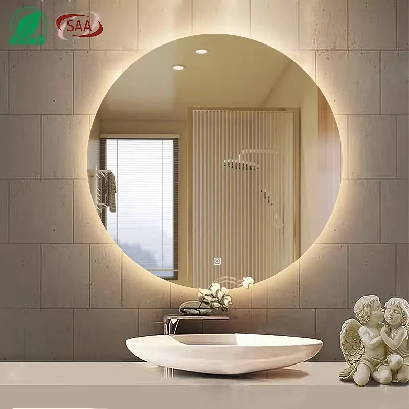 

Luxury Smart Bath Mirror Modern LED Touch Screen Illuminated Washroom Graphic Design Available for Hotels
