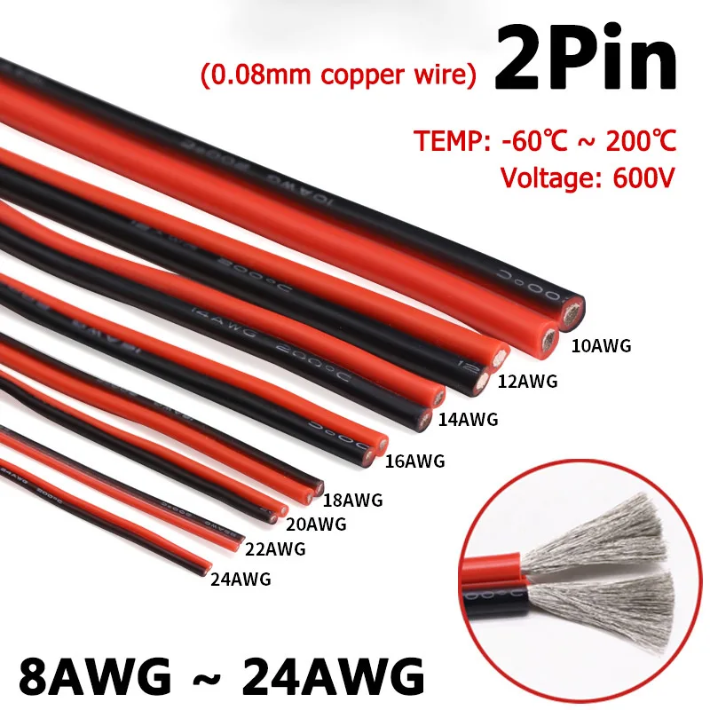 

1M 2Pin Black-Red Soft Silicone Wire 28 26 24 22 20 18 16 14 12 10 8 AWG Tinned Copper Flexible Cable Voltage 600V TEMP 200Deg.C