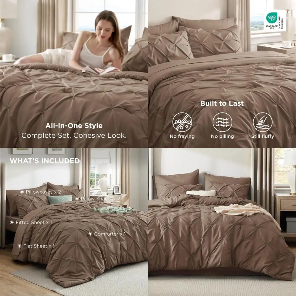 

Brown Queen Size Bedding Set - 7-Piece Pintuck Comforter with Sheets, Pillowcases, and Shams for Family