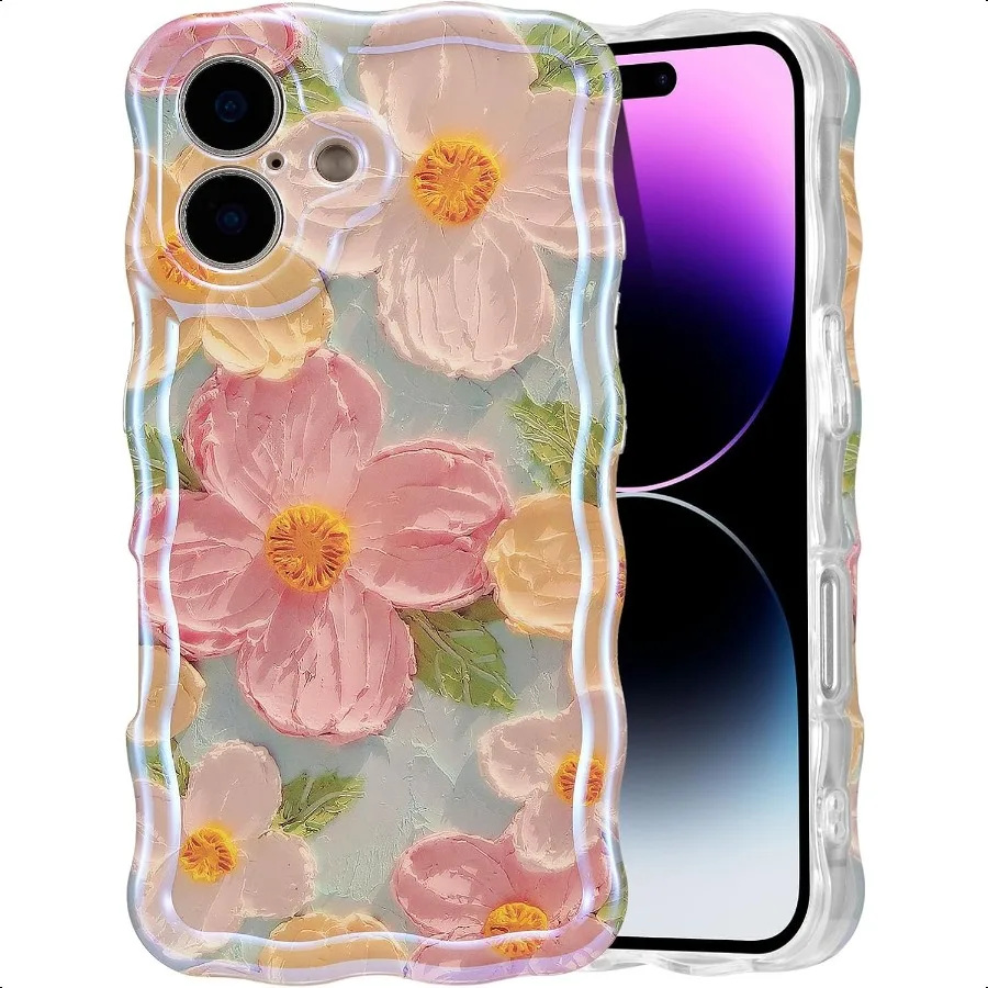 

EYZUTAK Case for iPhone 16 Colorful Retro Oil Painting Printed Flower Laser Glossy Pattern Cute Curly Wave Edge Exquisite Phone
