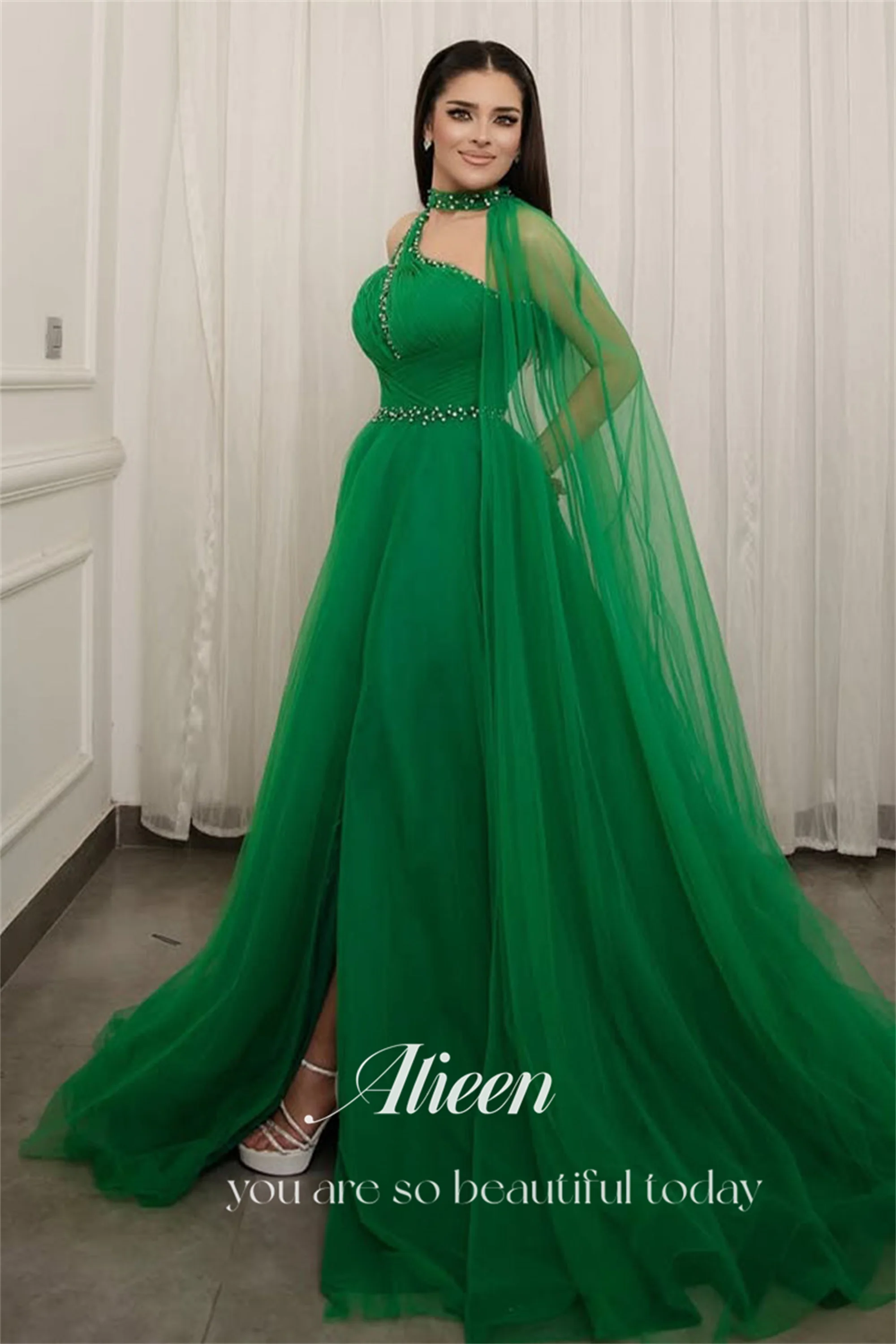 فساتين سهرة فاخرة أنيقة باللون الأخضر من Aileen 2025 على شكل حرف a شال مخصص للنساء فستان سهرة فاخر ماركة فستان حفلات الزفاف