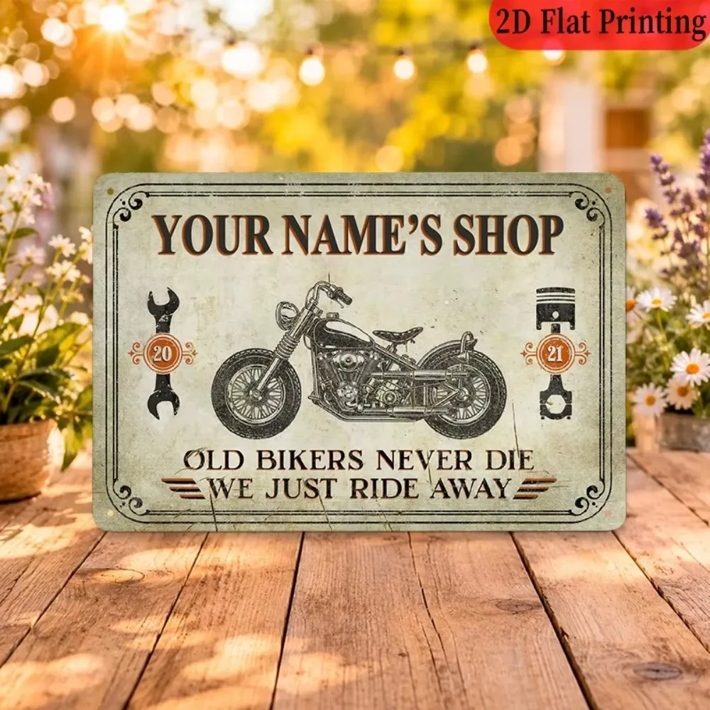 CIFbuy 2D Flat Custom Name Motorcycle Biker Shop Metal Sign, Vintage Mechanic Garage Wall Decor, Only For Decoration
