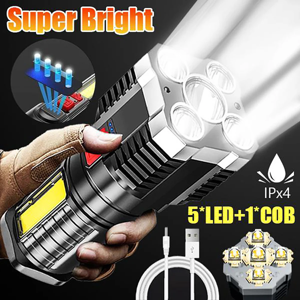 Portable LED Flashlight Handheld Flashlight Rechargeable Waterproof Torch with Side Light Outdoor Camping Emergency Lantern