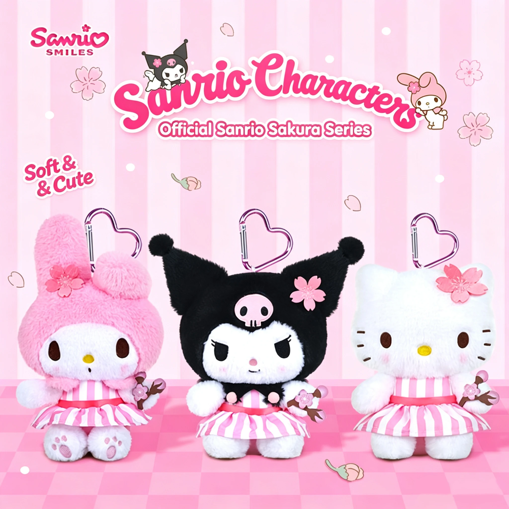 Cute Official Sanrio Cherry Blossom Plush Keychain, Hello Kitty My Melody Kuromi Doll Pendant
