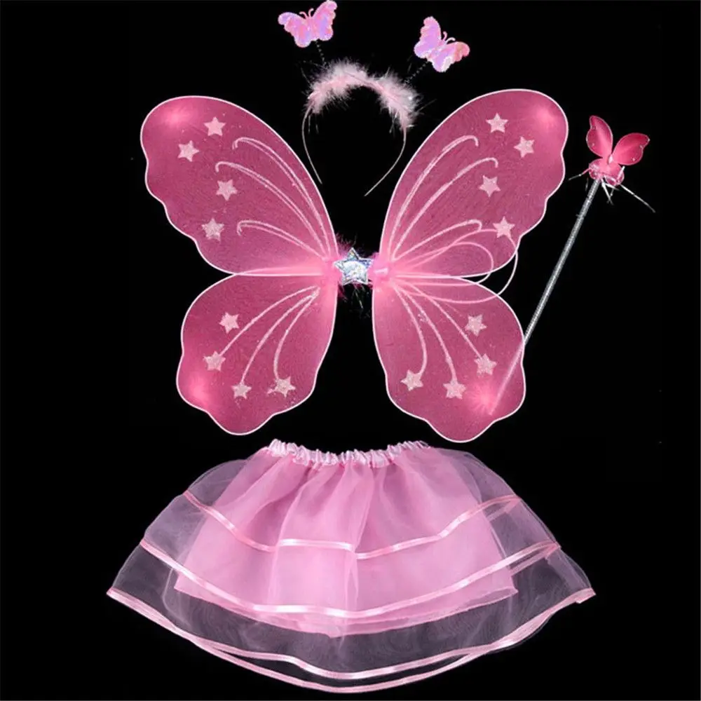 4Pcs Colorful Kids Girls Fairy Princess Costume Sets Stage Wear Butterfly Wings Wand Headband Tutu Skirts