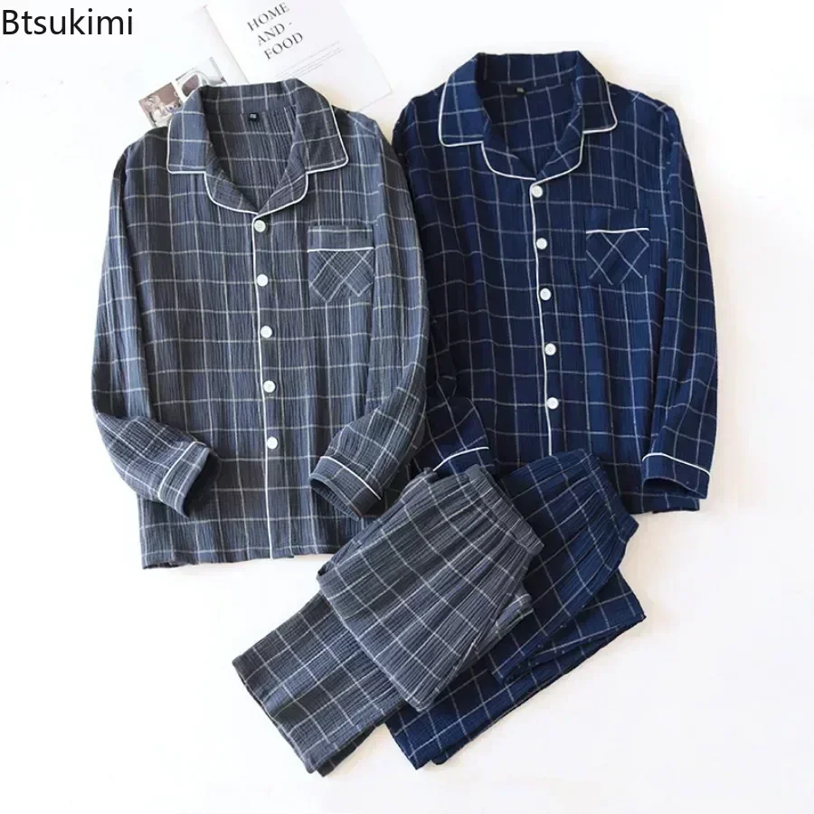 

2025 Men's Casual Plaid Pajama Sets Soft 100% Cotton Pajamas Lounge for Men Long Sleeved Shirts and Pants Sets Homewear Clothing