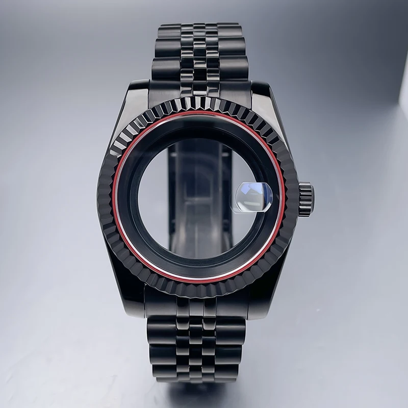 

39mm DJ Full Black Red Gasket NH35 Case Fluted Bezel Sapphire Glass For Seik Mod Part Fit NH35 NH36 Movement Steel Watch Case