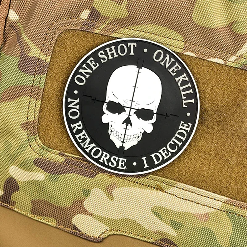 3D Black Sniper One Shot One Kill No Remorse I Decide Morale Badge Rubber Fastener Applique Backing Sticker Tactical PVC Patches