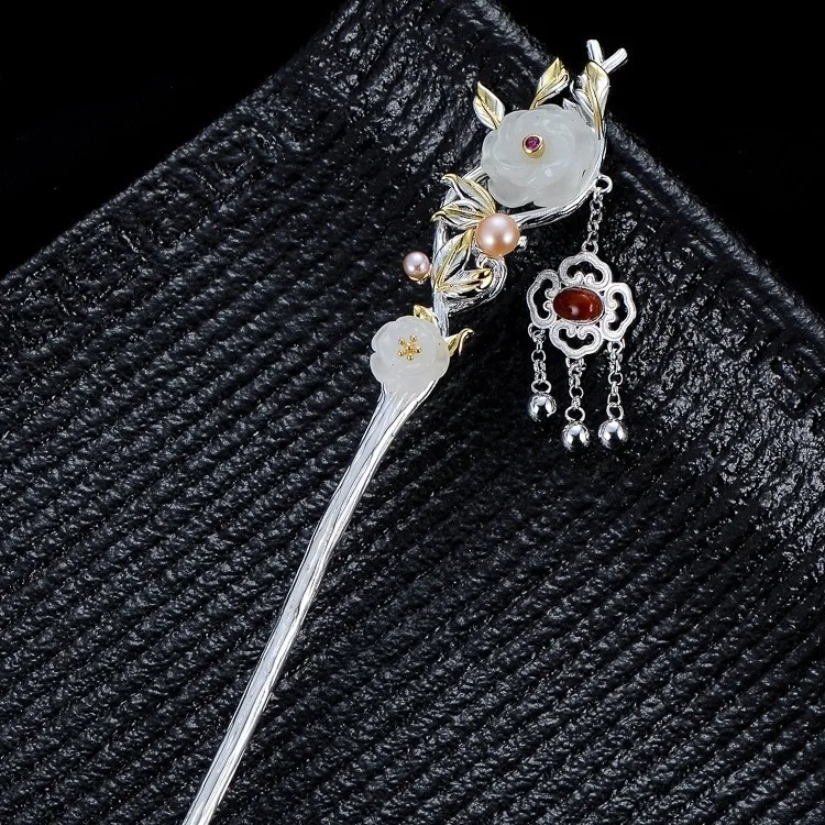 Rose Antique Pure Silver Plated Hairpin Female Hotan Yuzi Tassel Step Rocking Cheongsam Han Suit Headdress Modern Matching