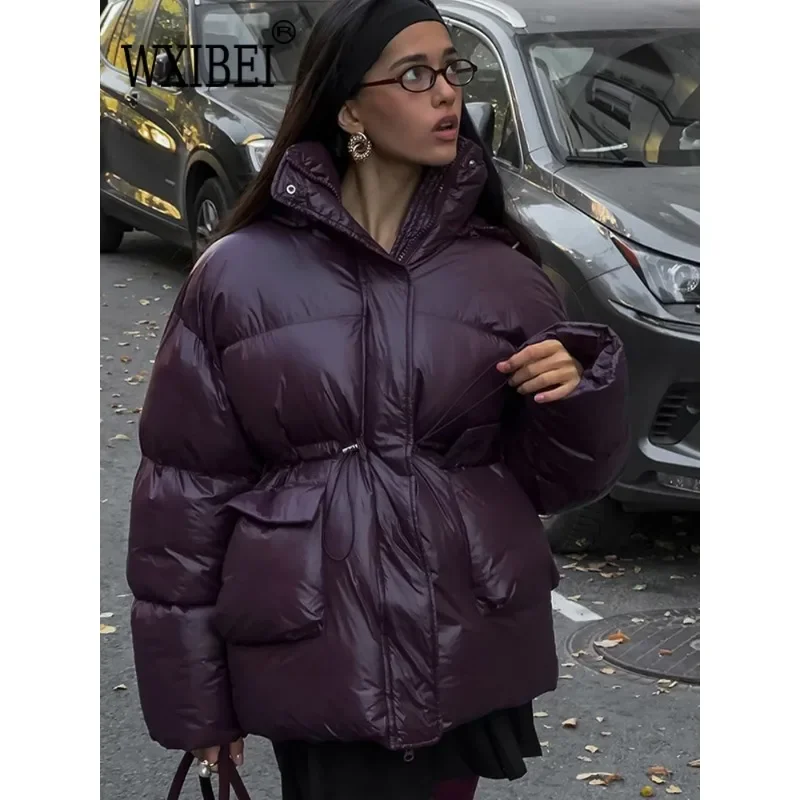 2024 New Burgundy Winter Warm Down Jacket Women Elegant Stand Collar Lace Up Pocket Cotton Coats Autumn Female Street Outerwear