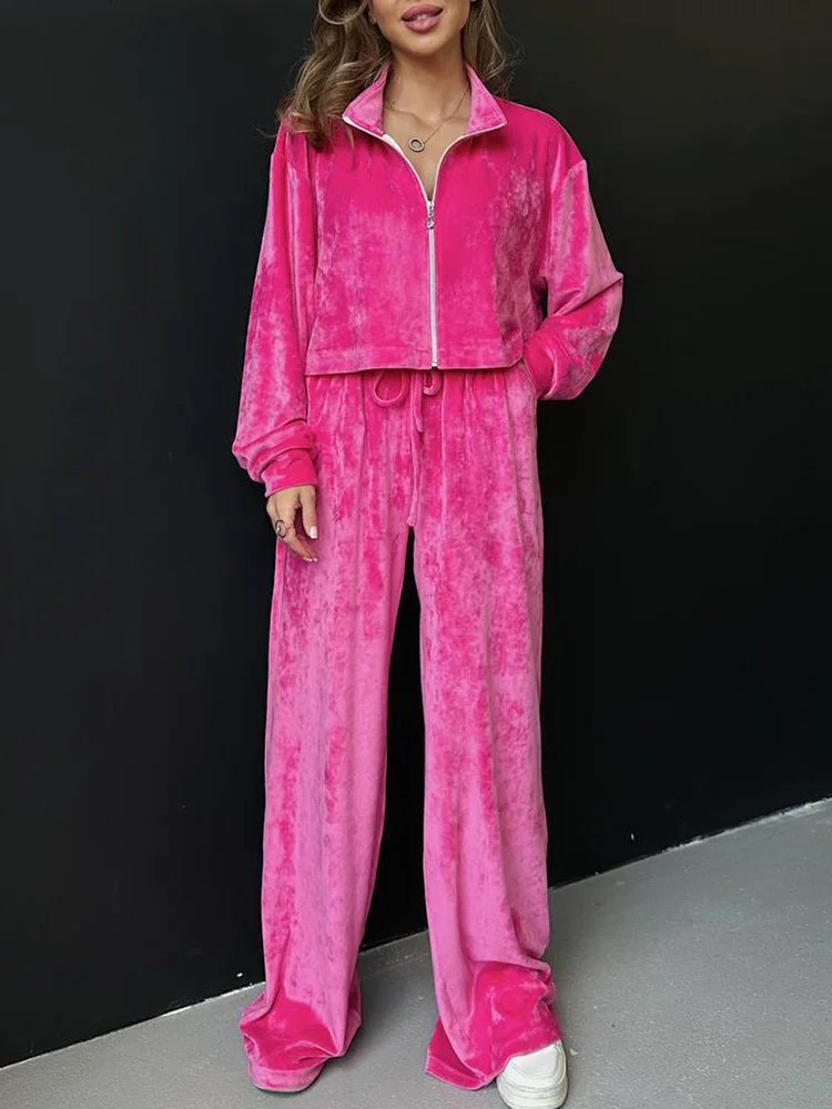 Women Long Pants Zip Top Two Piece Set Female Jackets And Trousers Matching Suit Streetwear Casual Velvet Wide Leg Pants Outfits