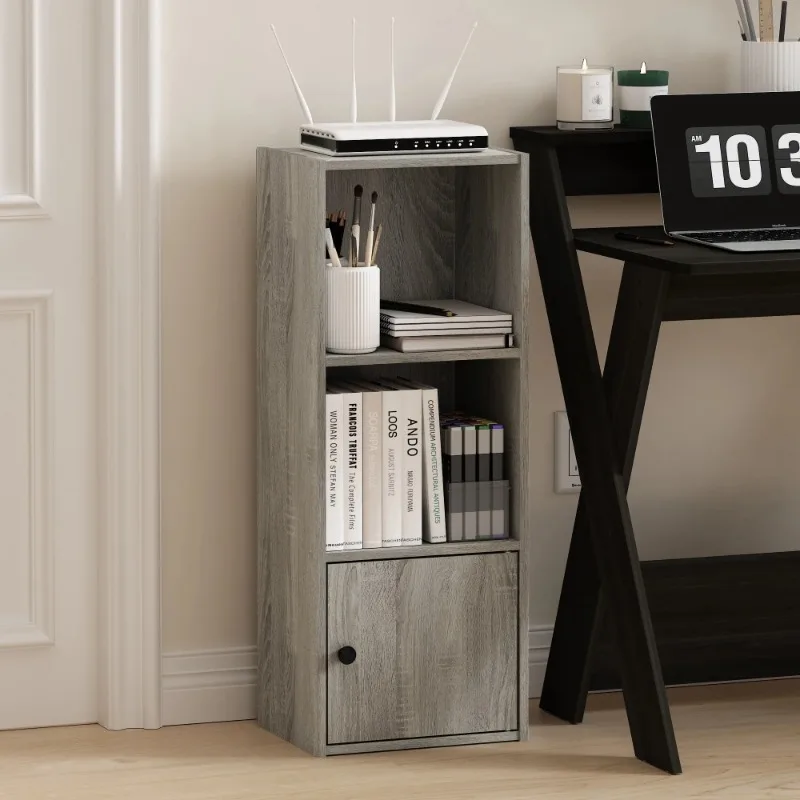 

r 3-Tier Shelf Bookcase with 1 Door Storage Cabinet, French Oak