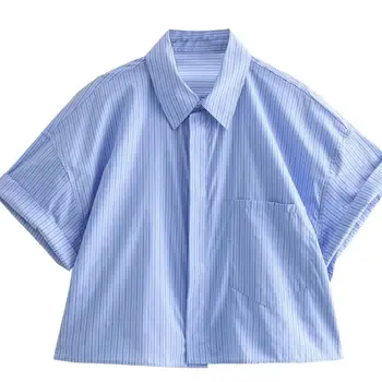 XNWMNZ 여성 패션 크롭 포플린 셔츠, 캐쥬얼 라펠 반팔 포켓 프론트 단추, 다목적 여성 상의, 2024