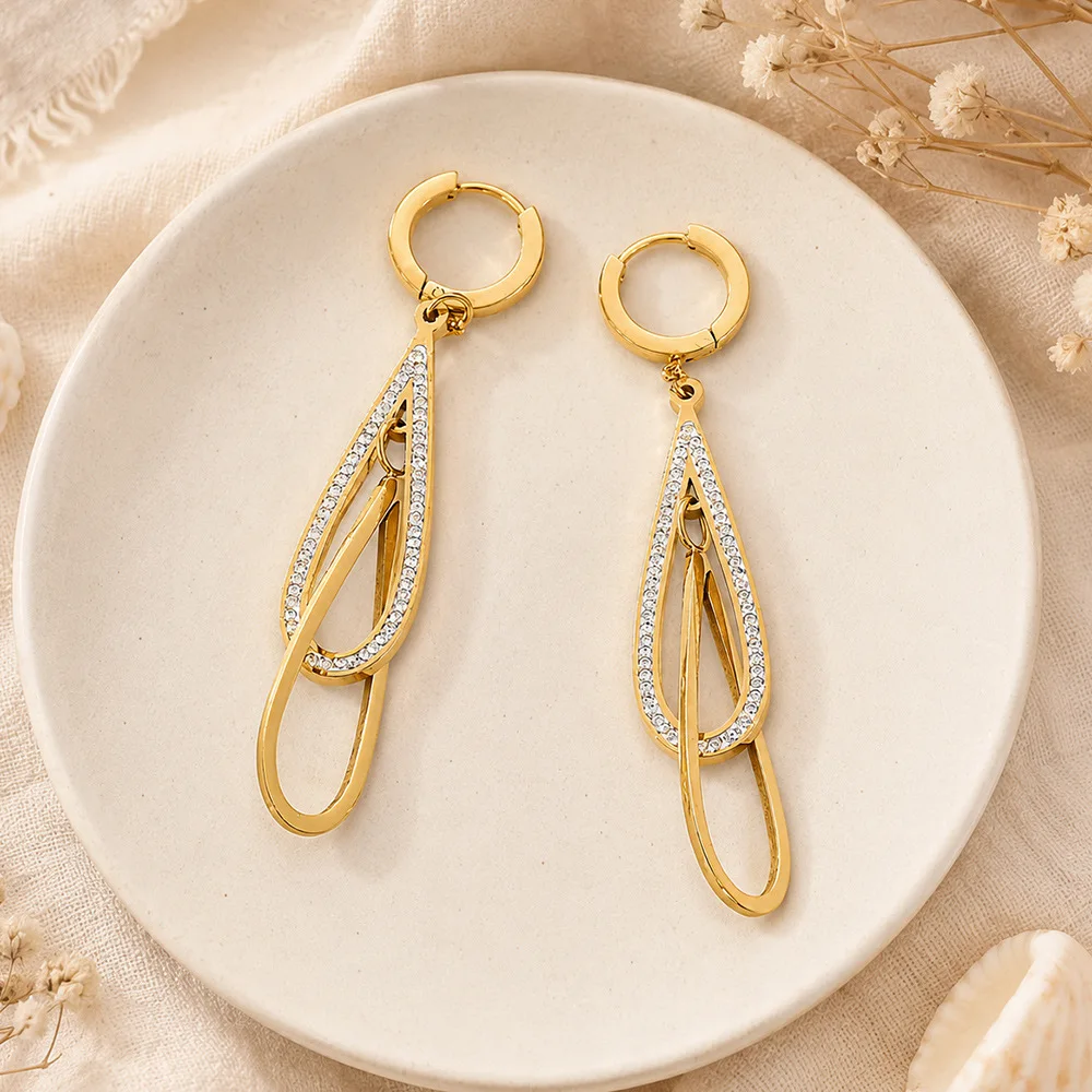 Ars Stainless Steel Drop Earrings for Women 18k Gold Plated Teardrop Earring Zircon Dangle Earrings Statement Wedding Jewelry