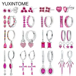 925 Sterling Silver Needle Rose Red Crystal Pendant Silver Earrings For Women Exquisite Heart Stud Earrings Fashion Jewelry