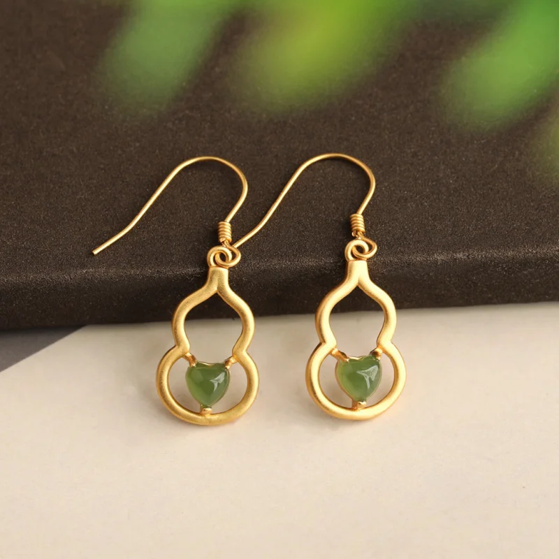 

With Certificate Cheongsam Hanfu Chinese Style Natural Jade Earrings 925 Silver Gold Plated Gourd Inlaid Jasper Earrings for Wom