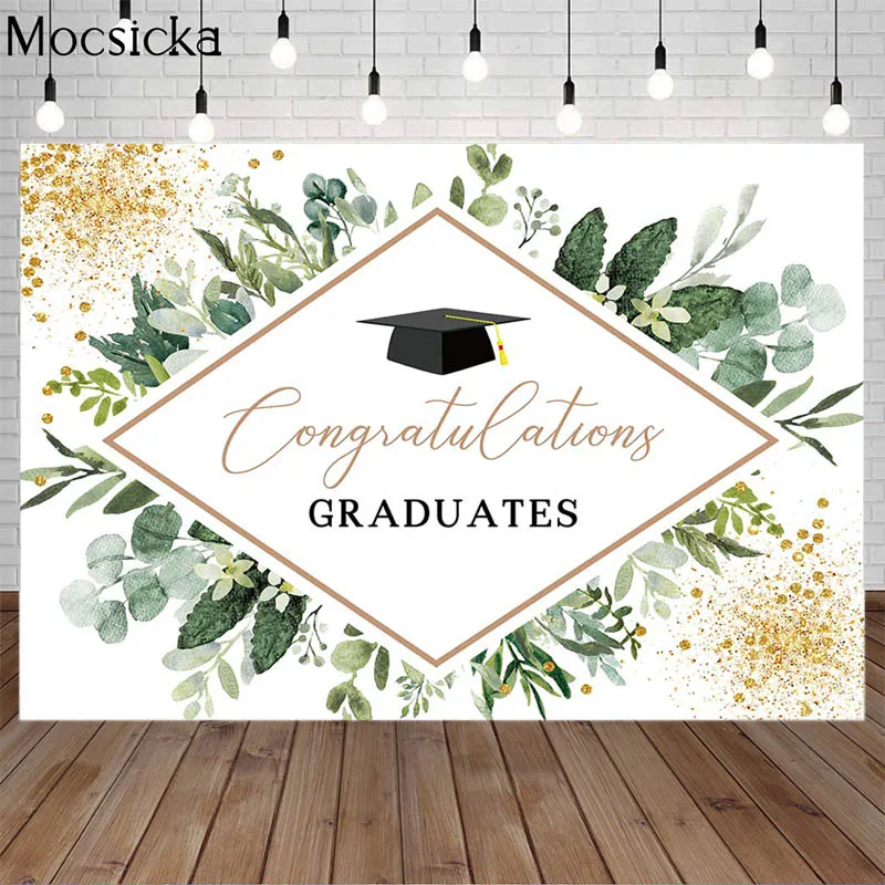 

Congratulations Graduates Photo Background Green Leaf Bachelor Hat Decor Graduation Party Photography Backdrops Back To School