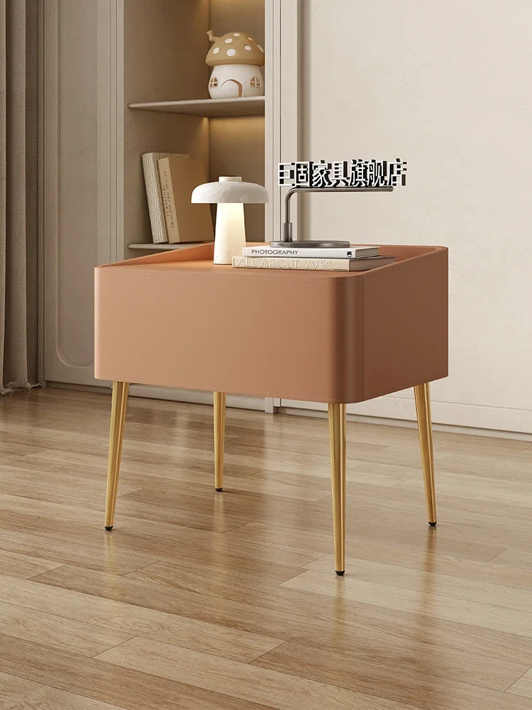 Saddle leather bedside table solid wood storage box luxury master bedroom small simple modern small coffee table for children.