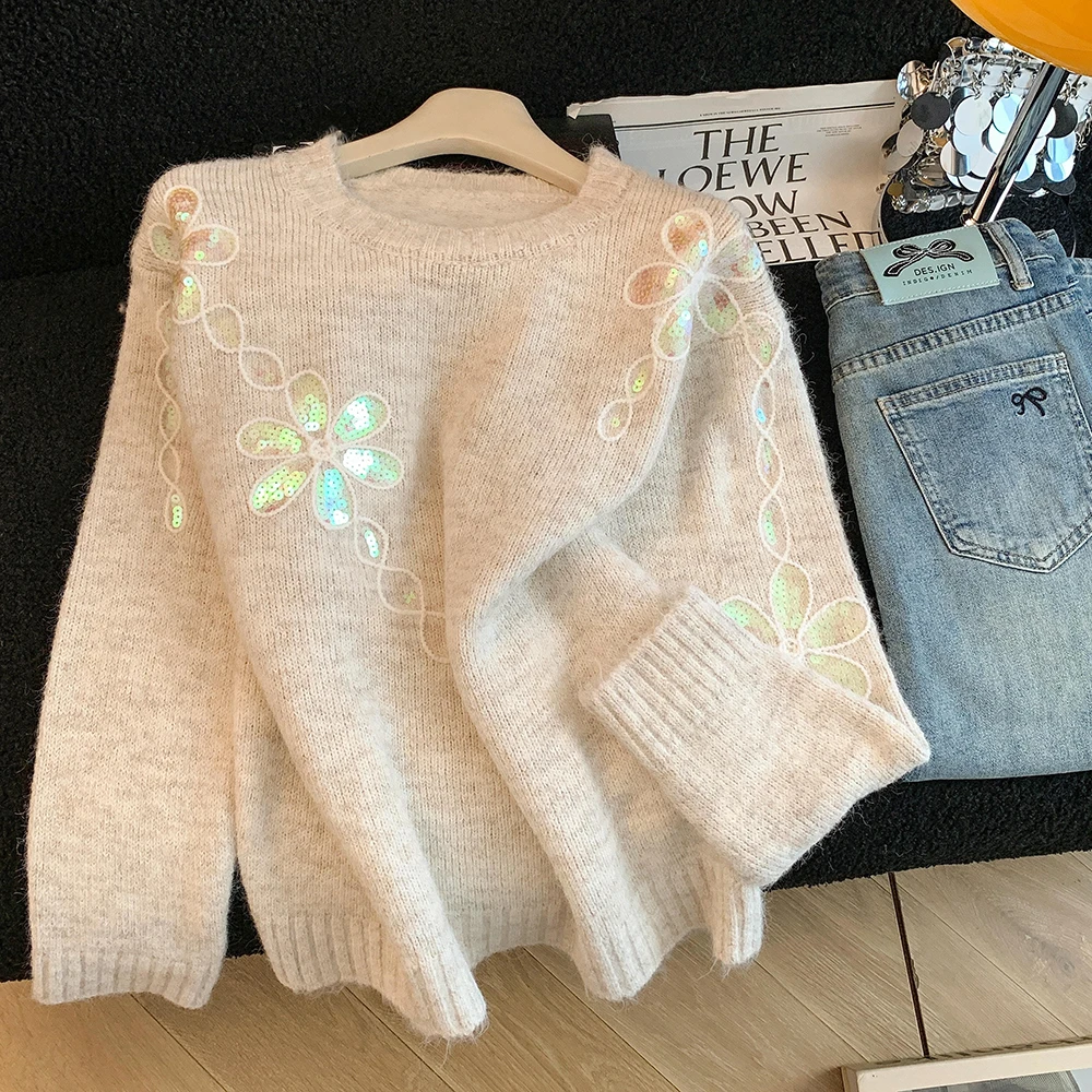 

Вязаный свитер с блестками, женский осенне-зимний легкий роскошный пуловер с длинными рукавами и вышитыми цветами, повседневные мягкие женские топы