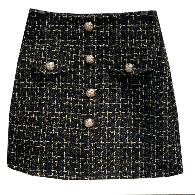 秋冬チェック柄ウールスカート レディースファッション ハイウエストポケット シングルブレスト Aライン 仕事 パーティー ショートミニスカート