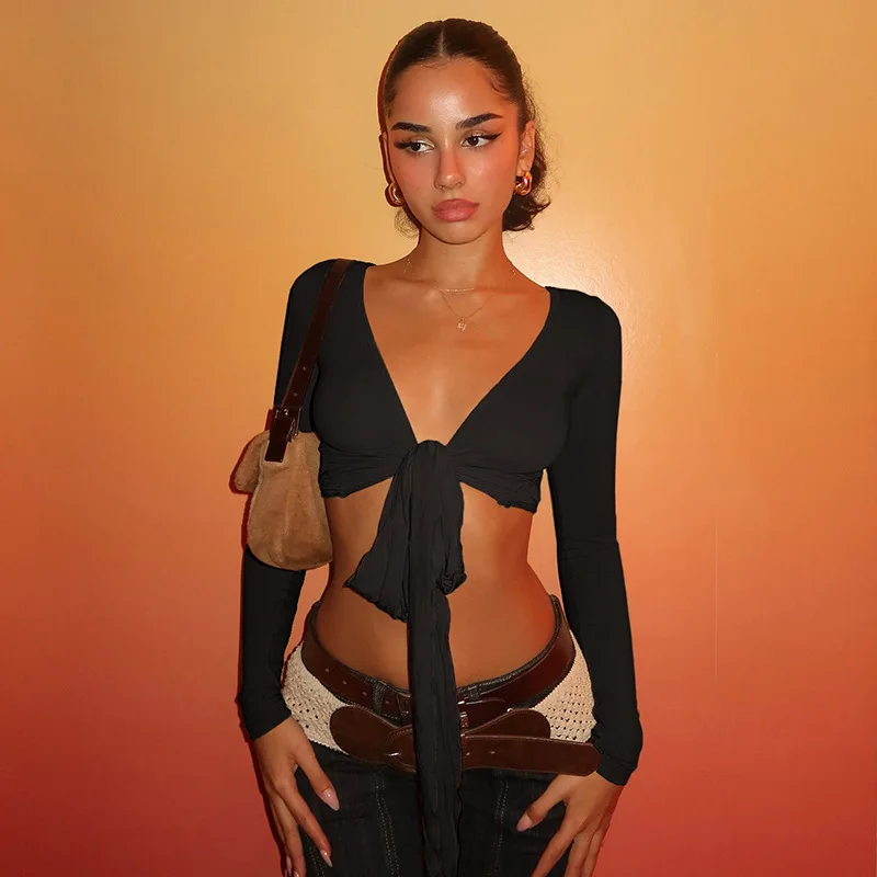 الصلبة سليم الدانتيل يصل الترفيه قمصان طويلة الأكمام الخامس الرقبة شيك أساسيات الملابس Y2K الشارع الشهير بلايز عادية للنساء #4