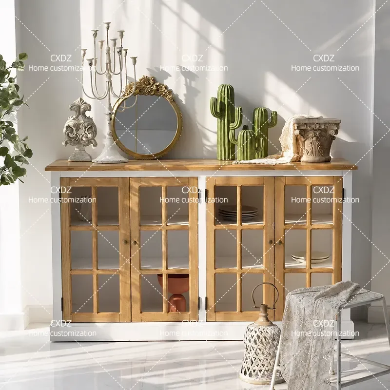 American light luxury solid wood dining side cabinet, living room simple antique four-door storage decorative cabinet, French