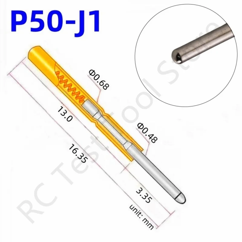 

100PCS P50-J1 Spring Test Probe Test Pin Pogo Pin P50-J Electric ICT FCT PCB Test Tool 0.48/0.68/16.35mm Needle Round Tip Head