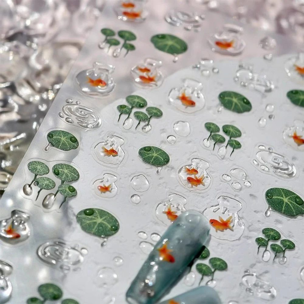 

5D Lotus Leaf Koi Pond Jelly Nail Stickers Ripple Wavelet Water Droplet Fish Tank Goldfish Nail Decals Self-Adhesive Nail Decora