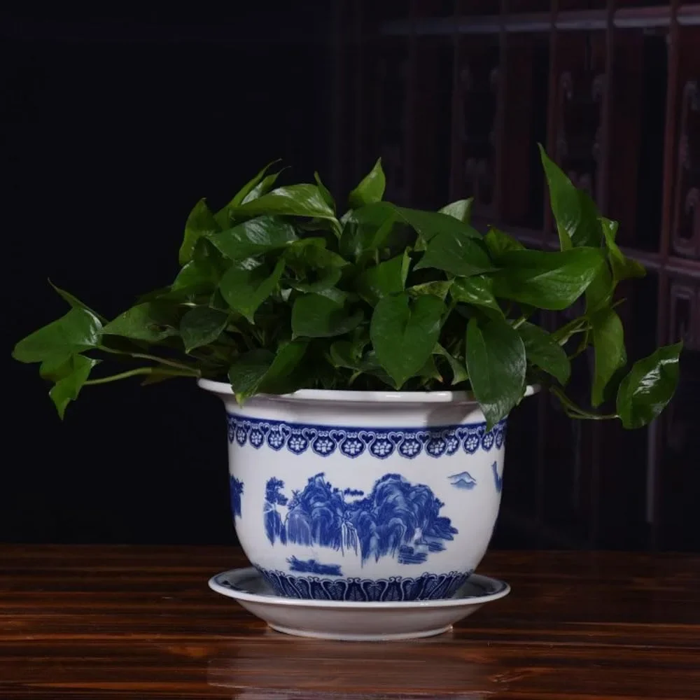 

Chinoiserie Blue and White Porcelain Flowerpot, Celadon Flower Pot Succulent Planters Indoor/Outdoor Ceramic Planter