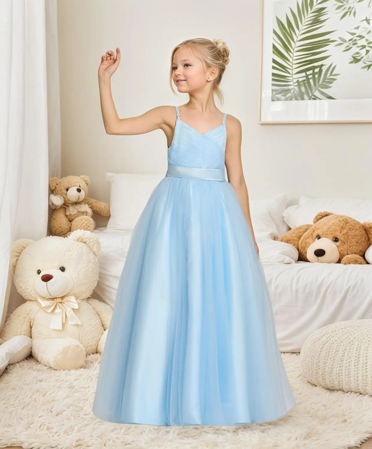플라워 걸 스파게티 스트랩 V넥 튤 프린세스 파티 드레스 A라인 첫 영성체 볼 가운 여자아이 드레스