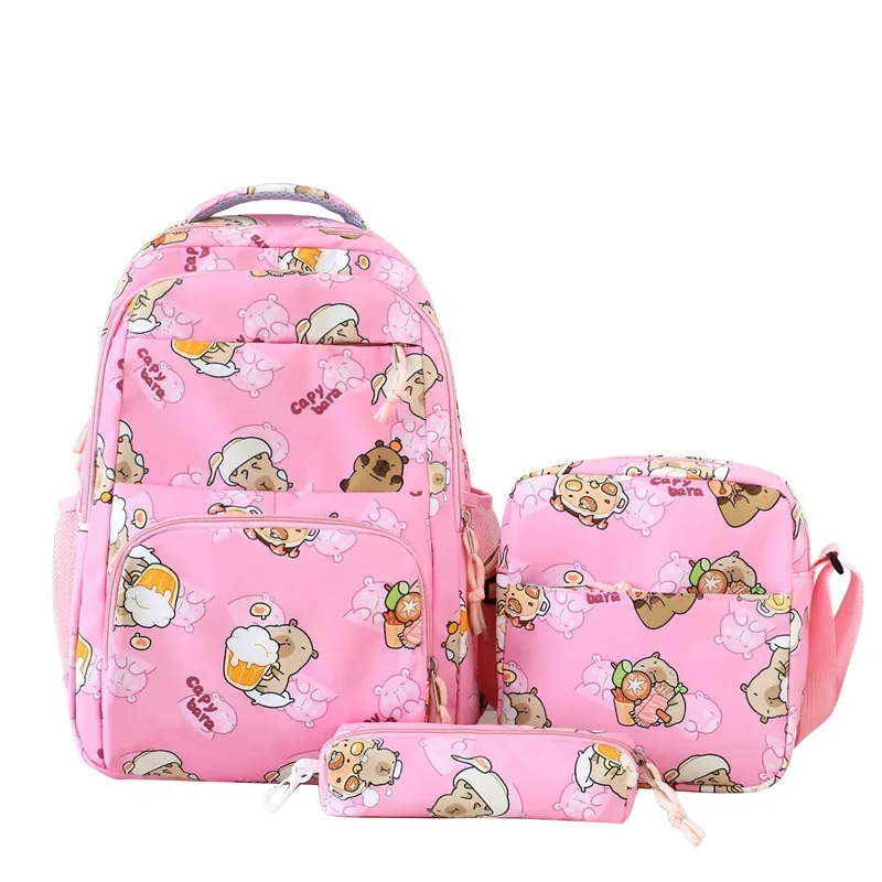 Student Three-piece Set Capybara Schoolbag Girls Large Capacity Casual Backpack Boy Color Blocking Multi Layer Children Backpack
