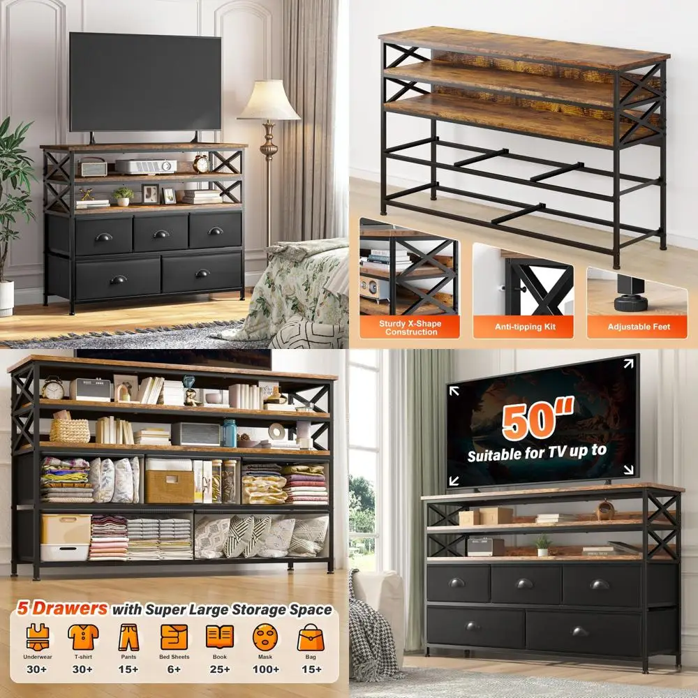 Sturdy 50-Inch TV Stand Dresser with 3 Open Shelves and 5 Fabric Drawers for Bedroom Storage