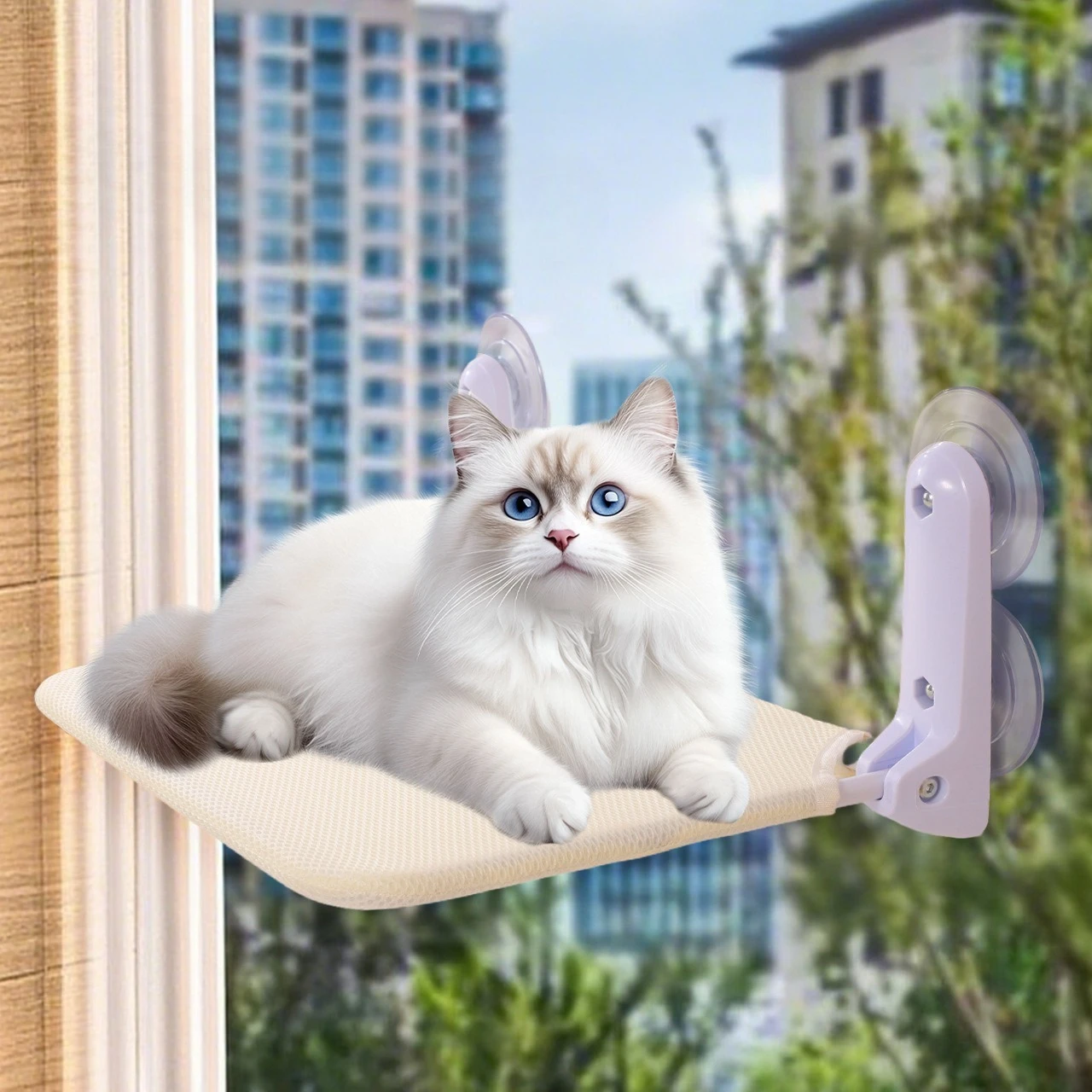 

Assembly free folding cat hammock plush mesh cat window wall jumping platform double suction cup cat hammock