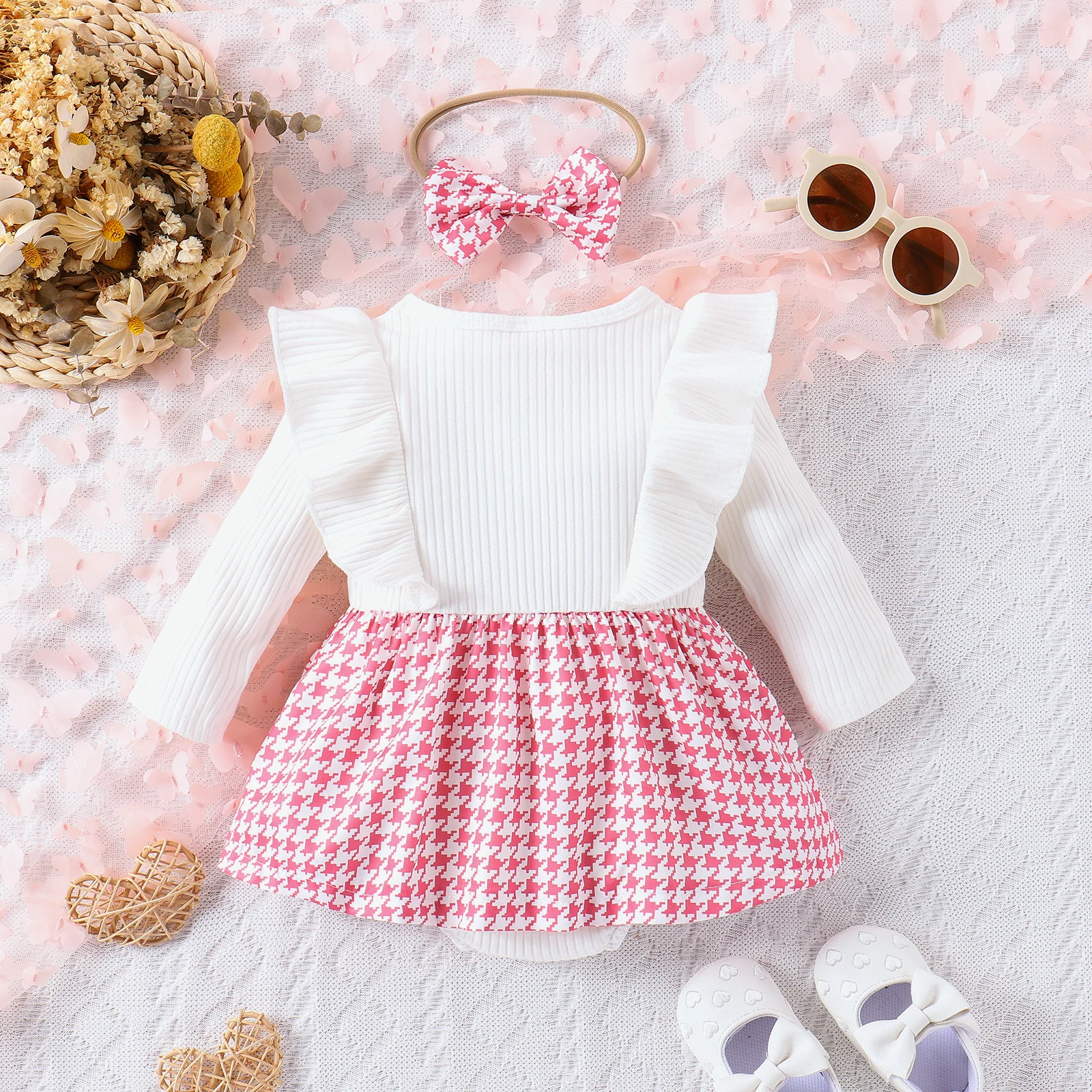 2PCS Autumn New Style For 0-2 Years Old Girl Baby Sweet And Cute Round Collar Two-Color Long-Sleeved Houndstooth Skirt